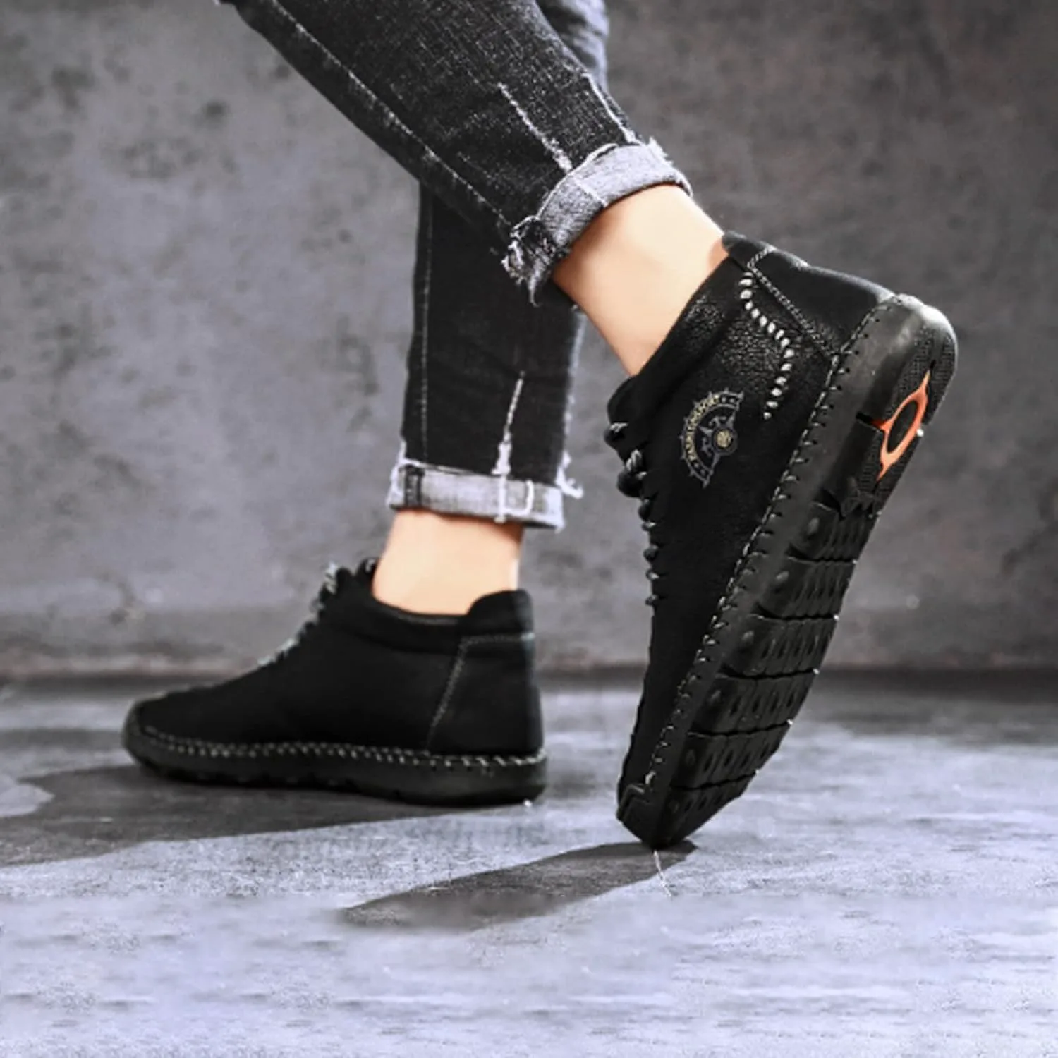 

Мужские кожаные высокие ботинки PURCHAWEE, винтажные повседневные, противоскользящие, с круглым носком, хорошей поддержкой свода, ботинки до щиколотки, ковбойские рабочие ботинки, черный