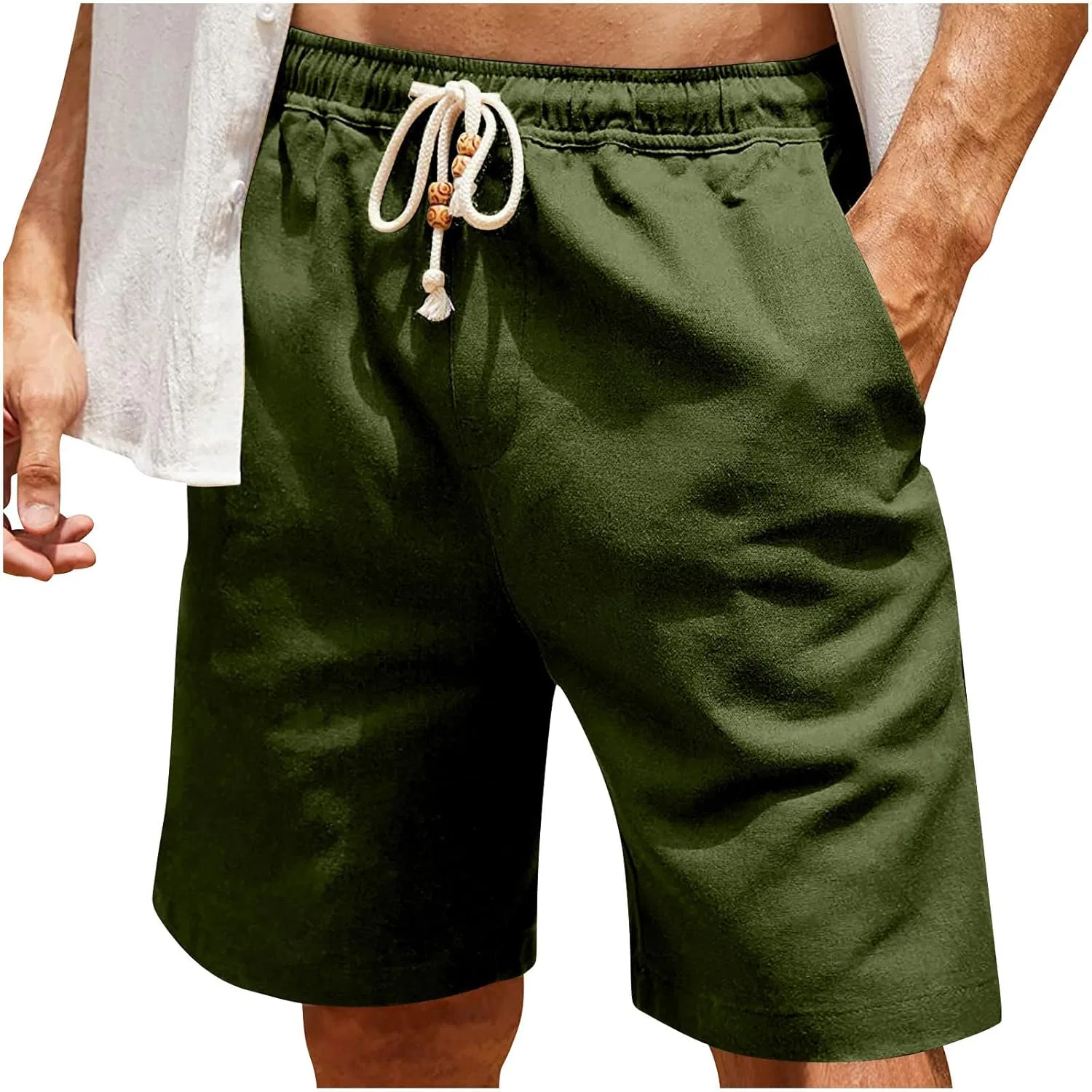 Шорты спортивные на завязках, Cotton Linen, Army Green
