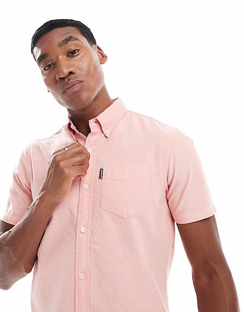 Рубашка с коротким рукавом Superdry Oxford из шамбре розового цвета — фото 2