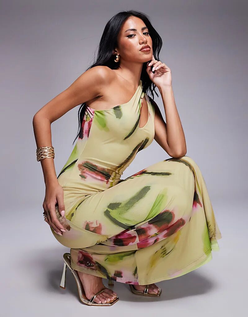 

Платье миди ASOS DESIGN из сетки на одно плечо с вырезом и цветочным принтом