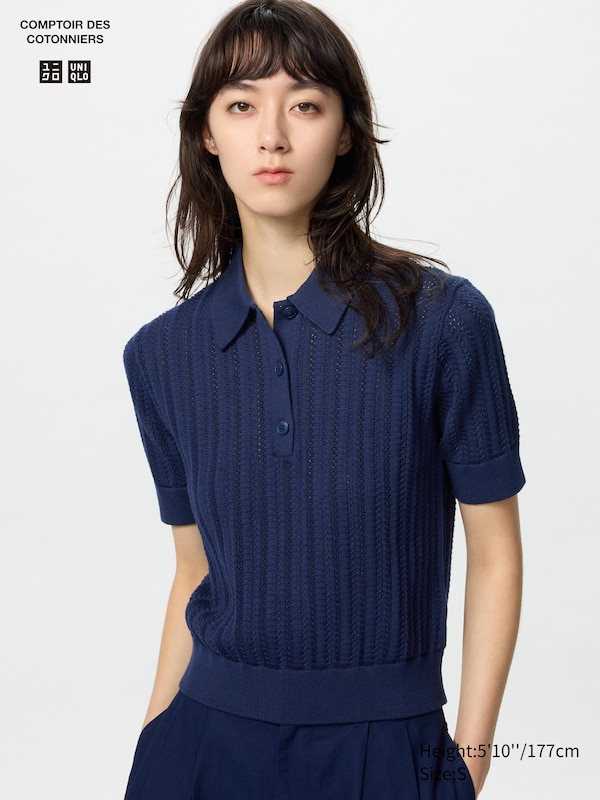 

Джемпер-Поло из хлопка с ажурным узором (короткий рукав) Uniqlo, синий