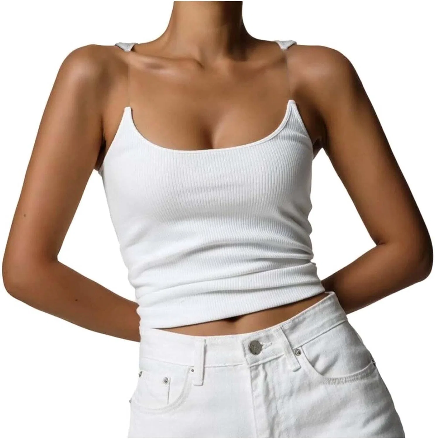 Женский топ-майка с чашечками, Ribbed Knit, White