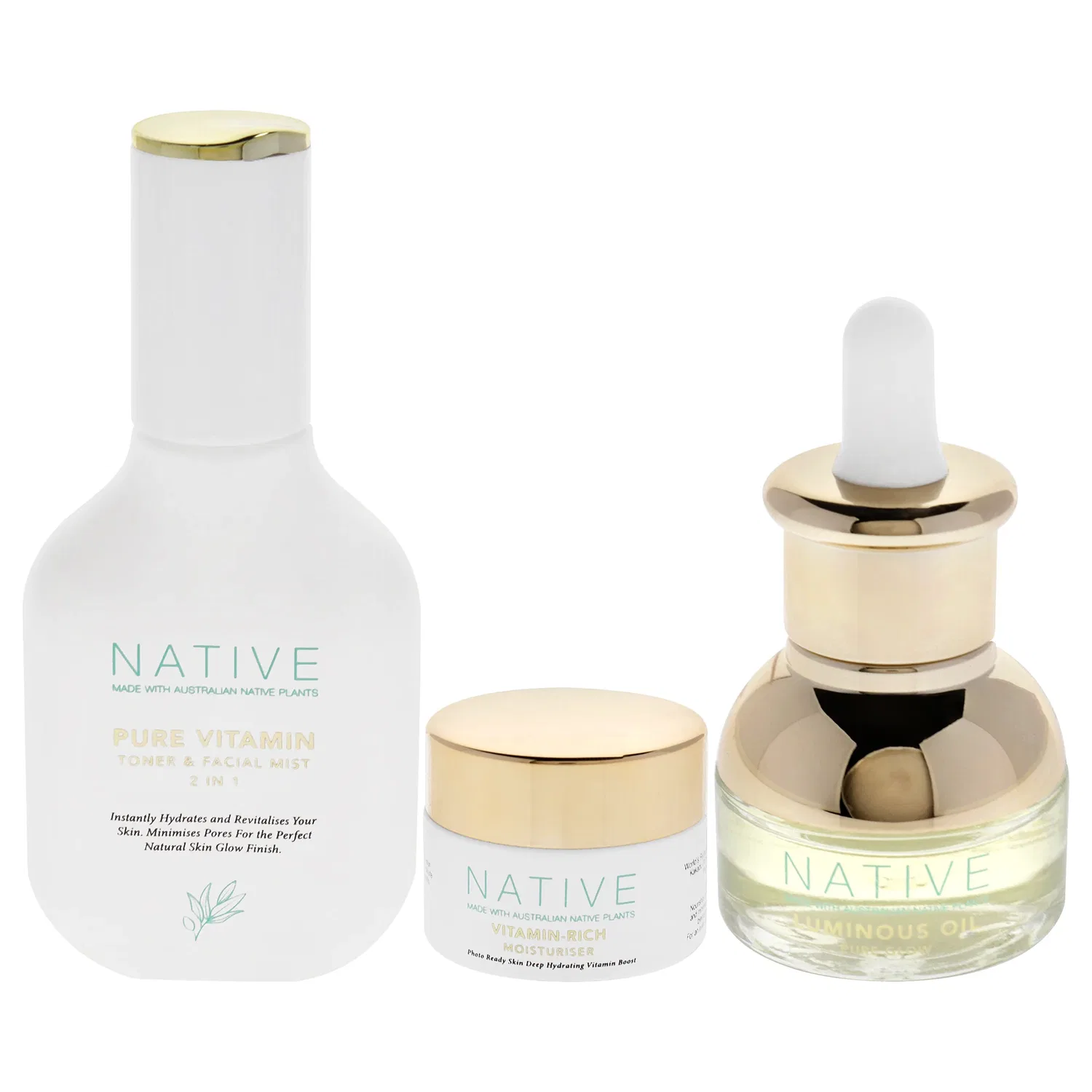 Набор Native Pure Glow от Klara для женщин - 3 предмета: тоник и спрей для лица Pure Vitamin, 0,5 унции увлажняющего крема с витаминами, 0,5 унции масла Luminous Oil Pure Glow, мультиколор — фото 2