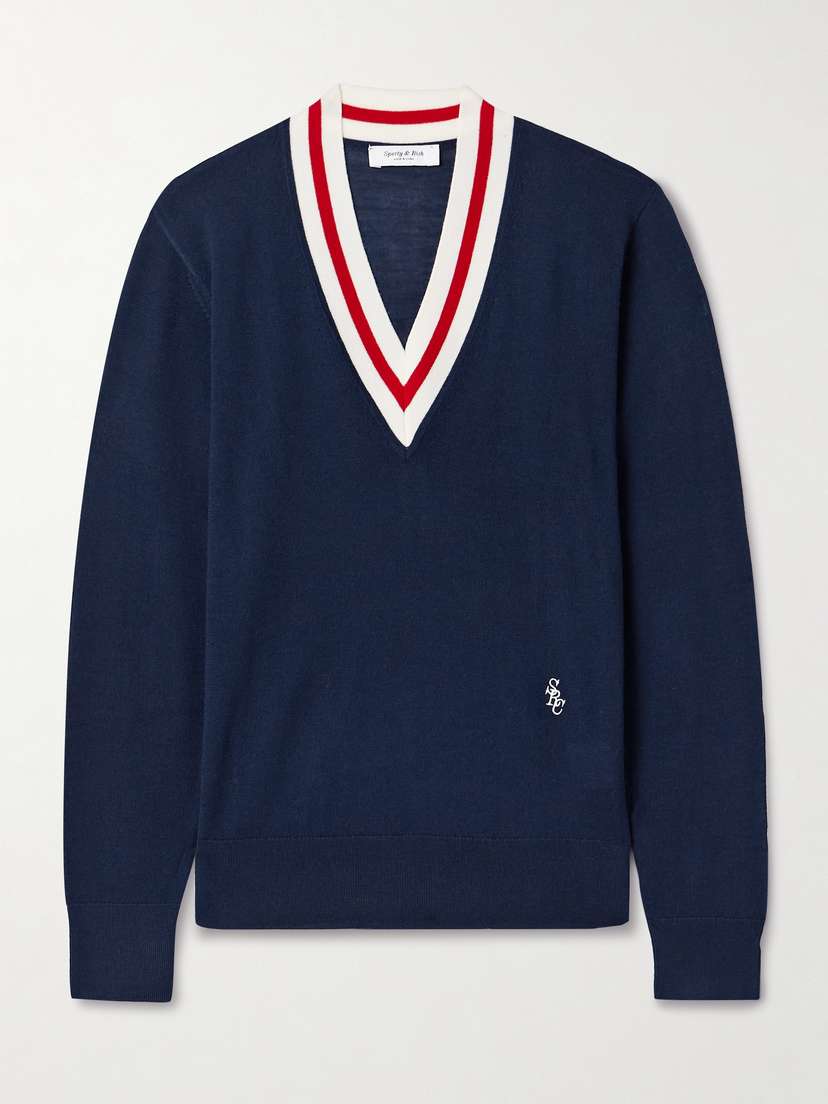 

Вышитый полосатый свитер из мериносовой шерсти Sporty & Rich, синий