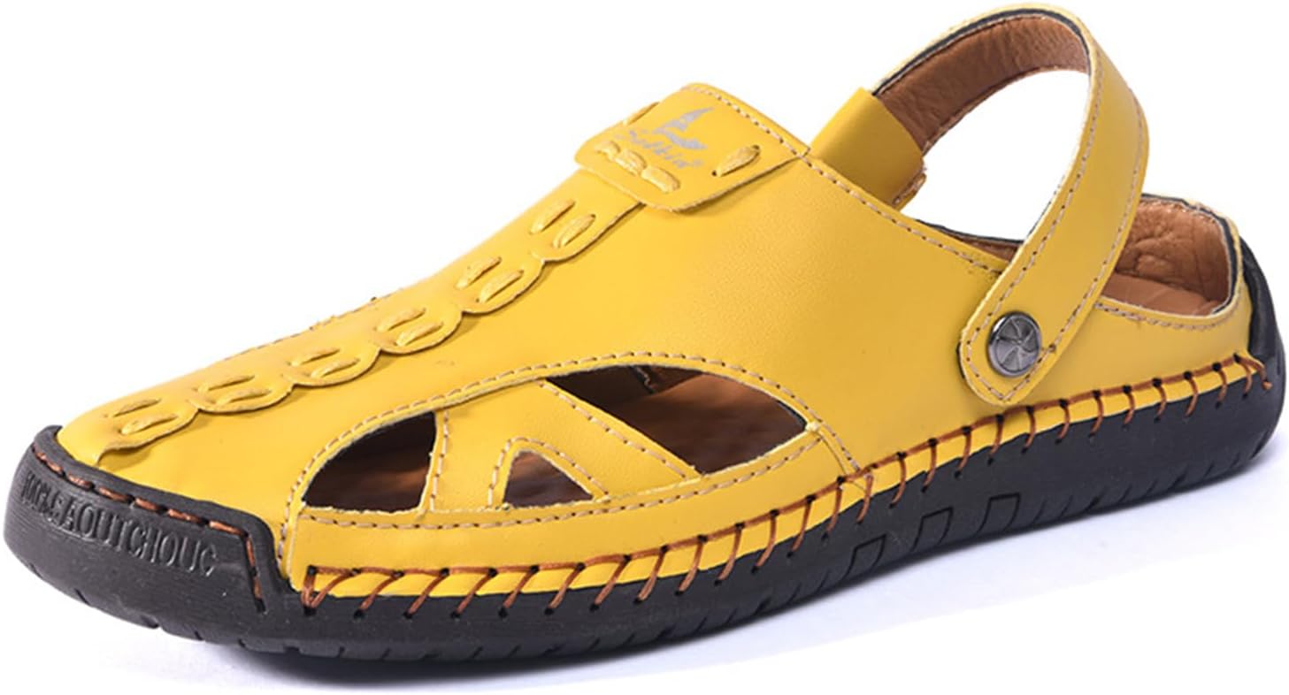 

Мужские сандалии-рыбацкие ручной работы из кожи - закрытый носок, легкое надевание, дышащий дизайн с нескользящей подошвой, летняя обувь для улицы и пляжа, для походов и повседневной носки, двусторонняя носка Eggdk, желтый