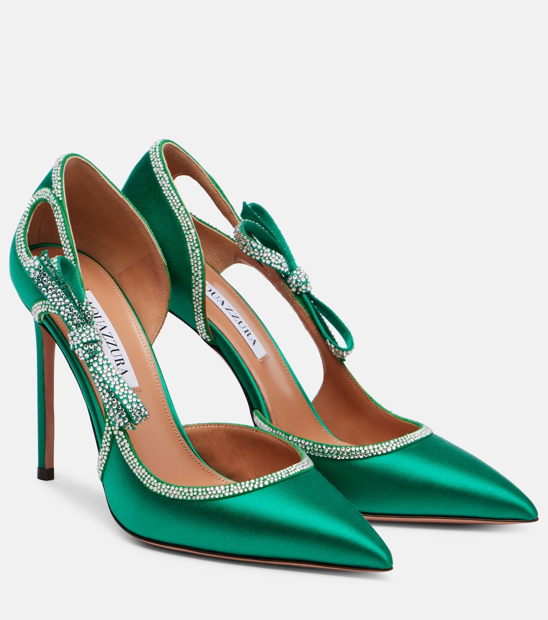 Атласные туфли Soave Crystal 105 с бантом Aquazzura, Emerald