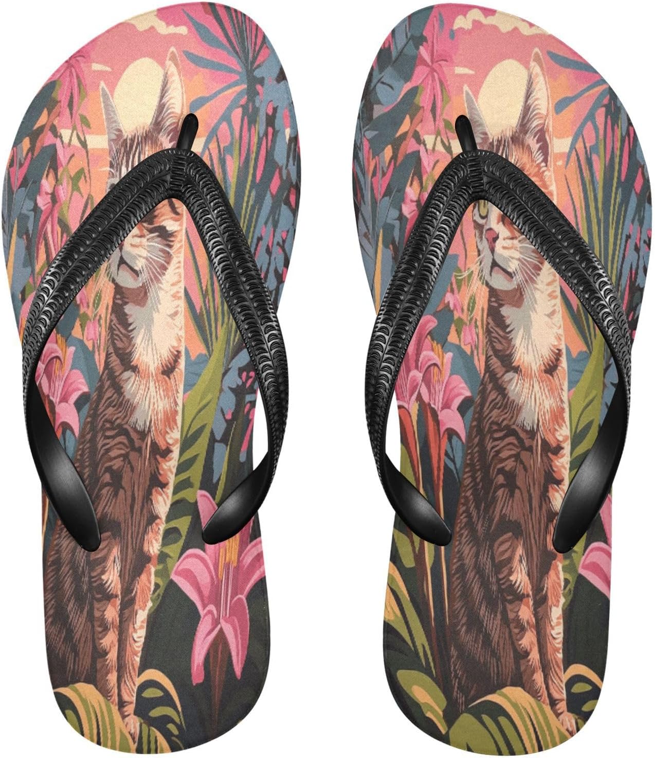 

Вьетнамки с тропическими лилиями и изображением полосатого кота, пляжные шлепанцы, резиновые нескользящие летние тапочки для женщин и мужчин Sinestour, Tabby Cat Tropical Lilies