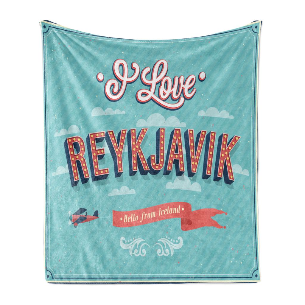 

ABAKUHAUS Island Мягкое фланелевое флисовое одеяло, I Love Reykjavik Vintage, уютный плюш для использования в помещении и на улице, 125 x 175 см, кораллово-синее море