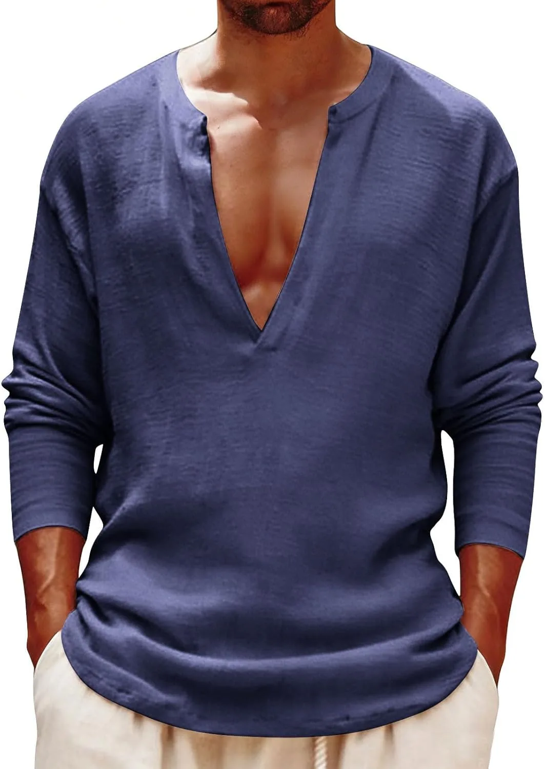 

Футболка-хенли из хлопка и льна с длинным рукавом Lmdudan