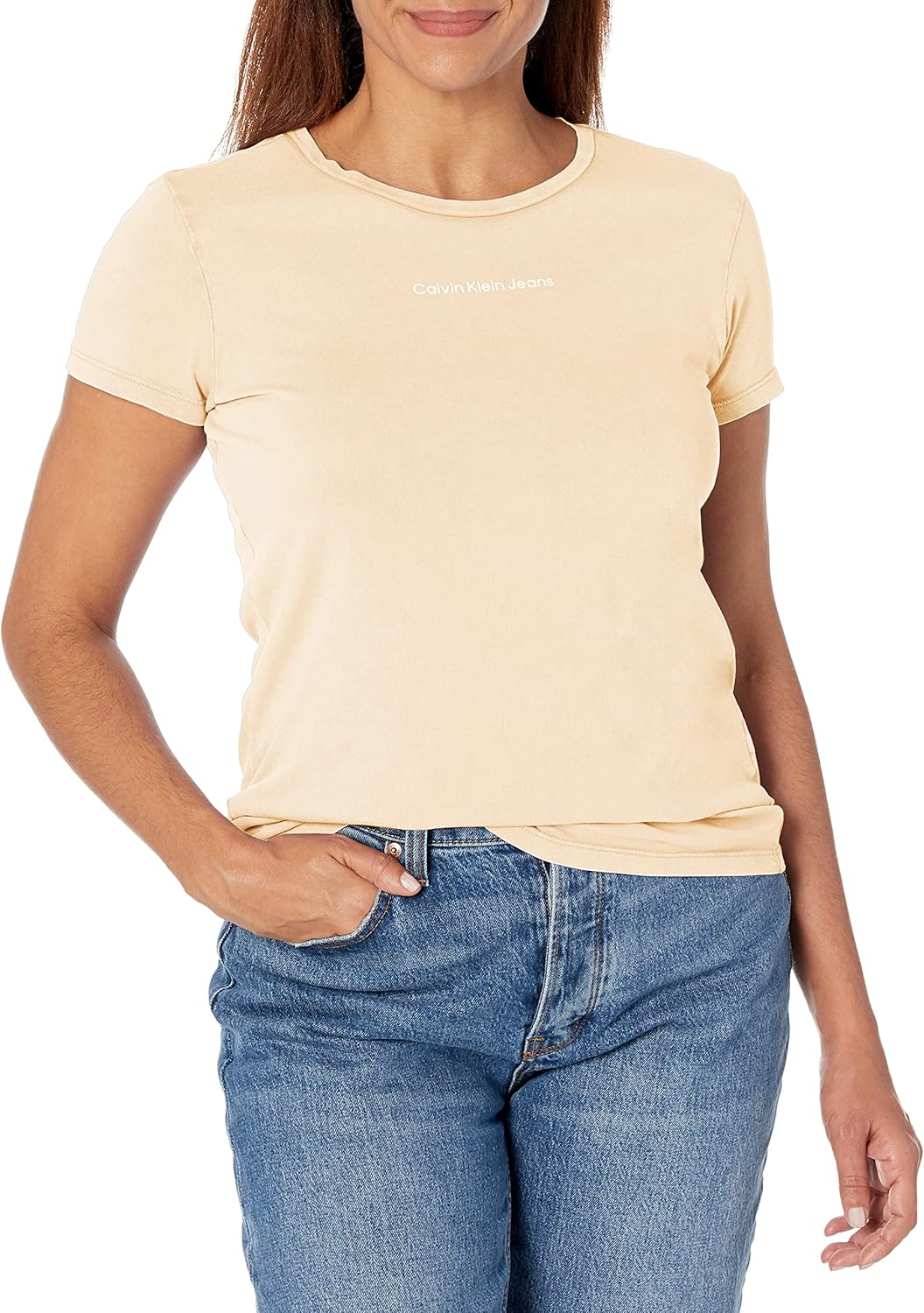 

Женская футболка Calvin Klein с коротким рукавом, круглым вырезом и логотипом, Travertine