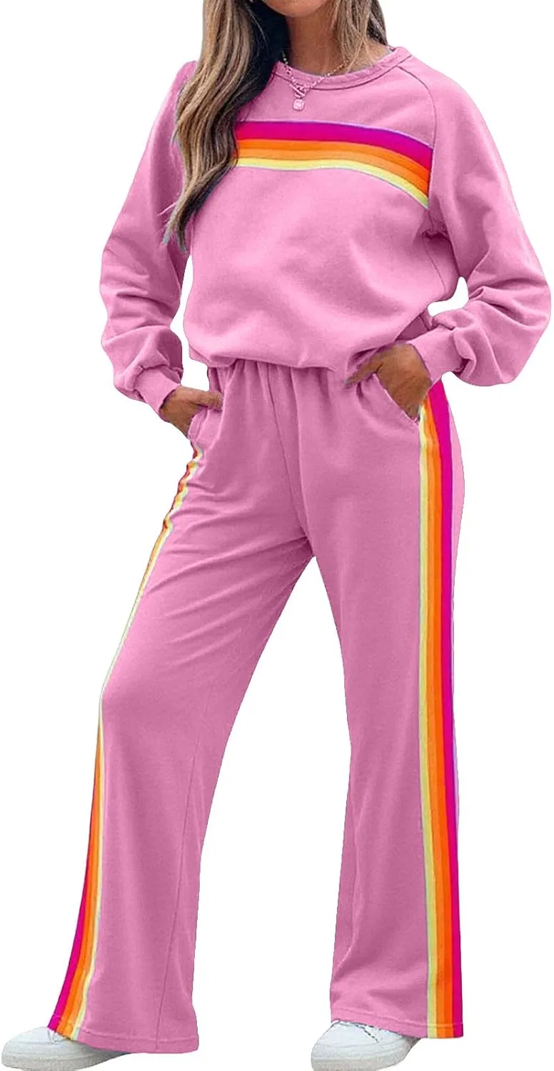 Женский спортивный костюм из 2 предметов с радужными полосками, Pink