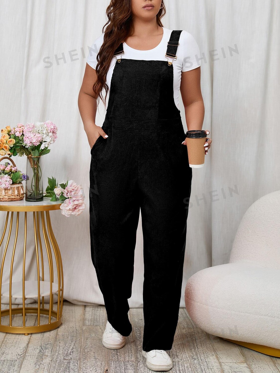 

EZwear Plus Комбинезон на бретелях, однотонный, без футболки Shein, черный