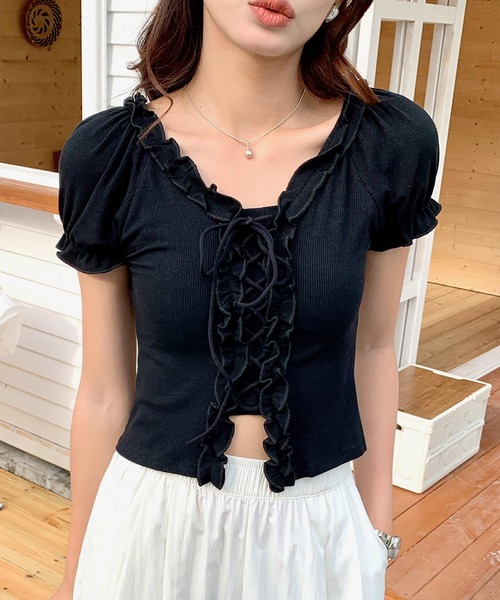 

Топ с V-образным вырезом, оборками и шнуровкой Doula Doula, черный