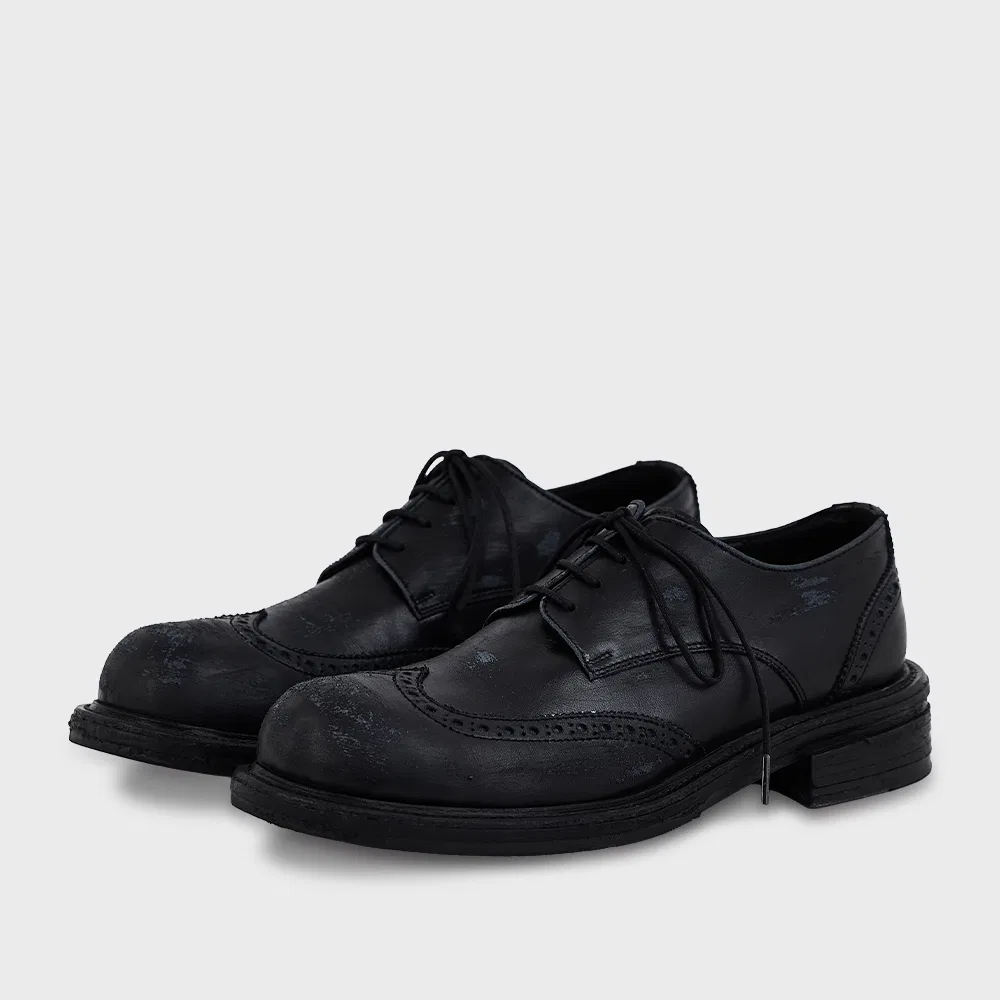 Мужские дерби Wingtip с эффектом потертости чёрного цвета от Negativethree — фото 3
