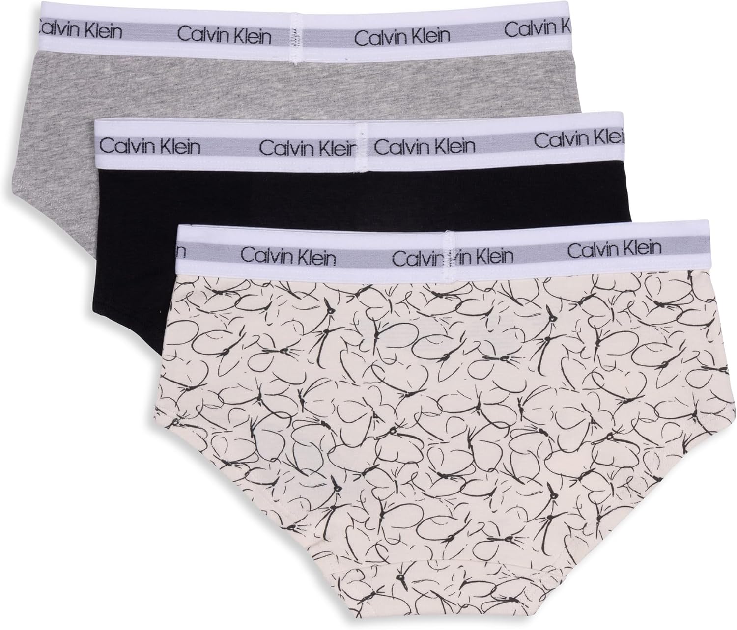 Комплект нижнего белья Calvin Klein Girls Hipster, 3 шт., Butterfly Vanilla/Black/Heather Gray — фото 2