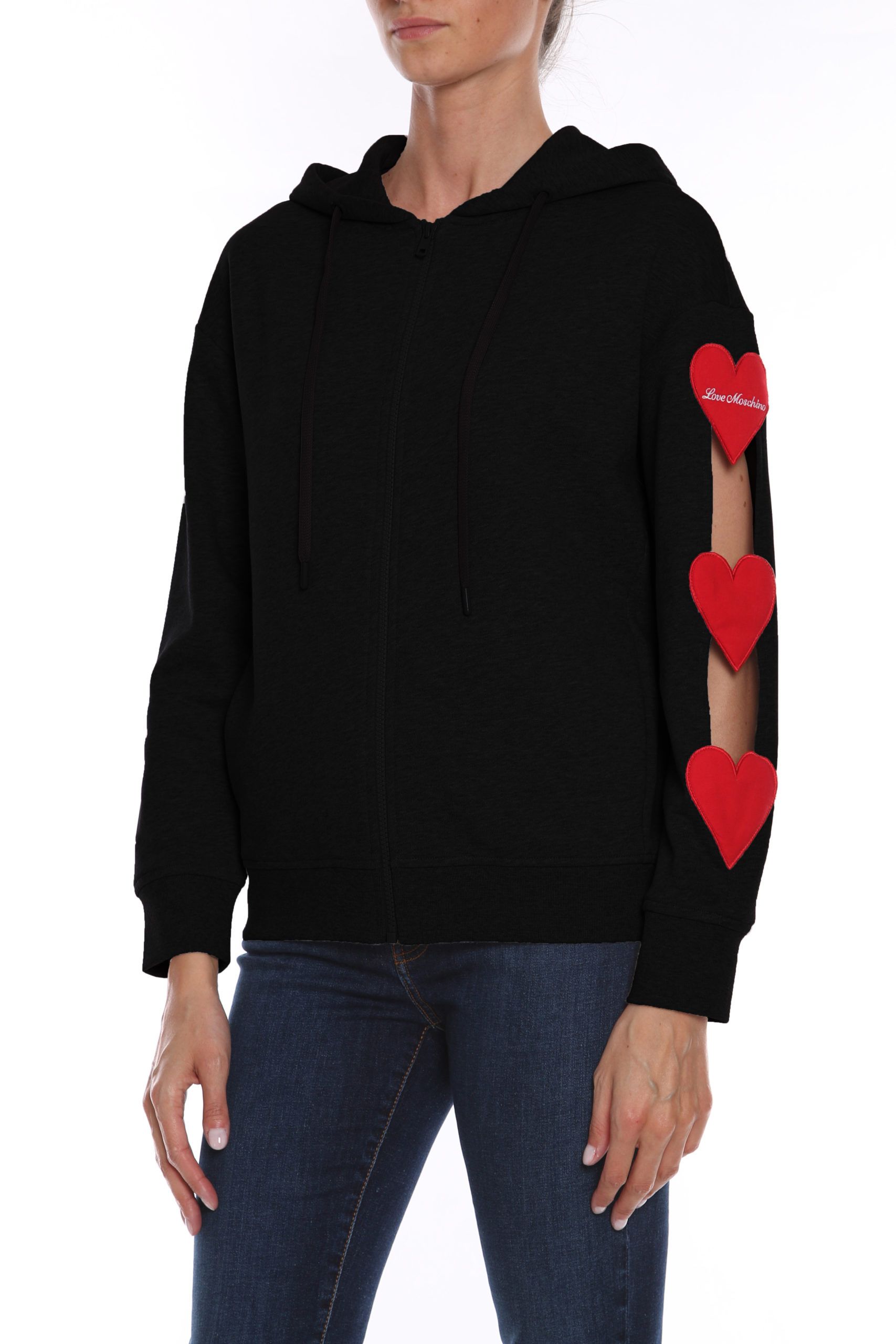 

Черный хлопковый женский свитер с вышитыми сердцами LOVE MOSCHINO