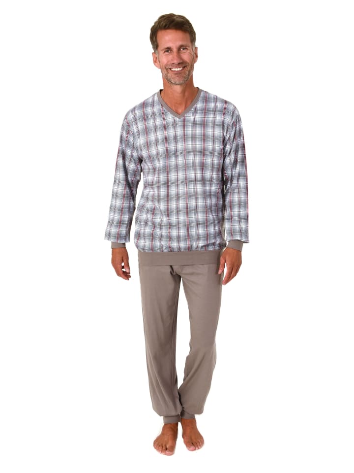 

NORMANN Пижамный комплект с длинными рукавами и манжетами, в клетку, серого цвета