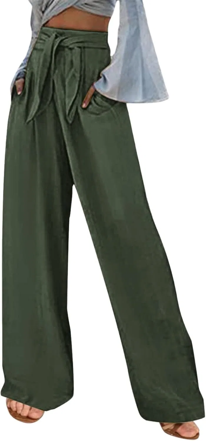 Штаны женские широкие с завязкой, хлопок лен, цвет Army Green