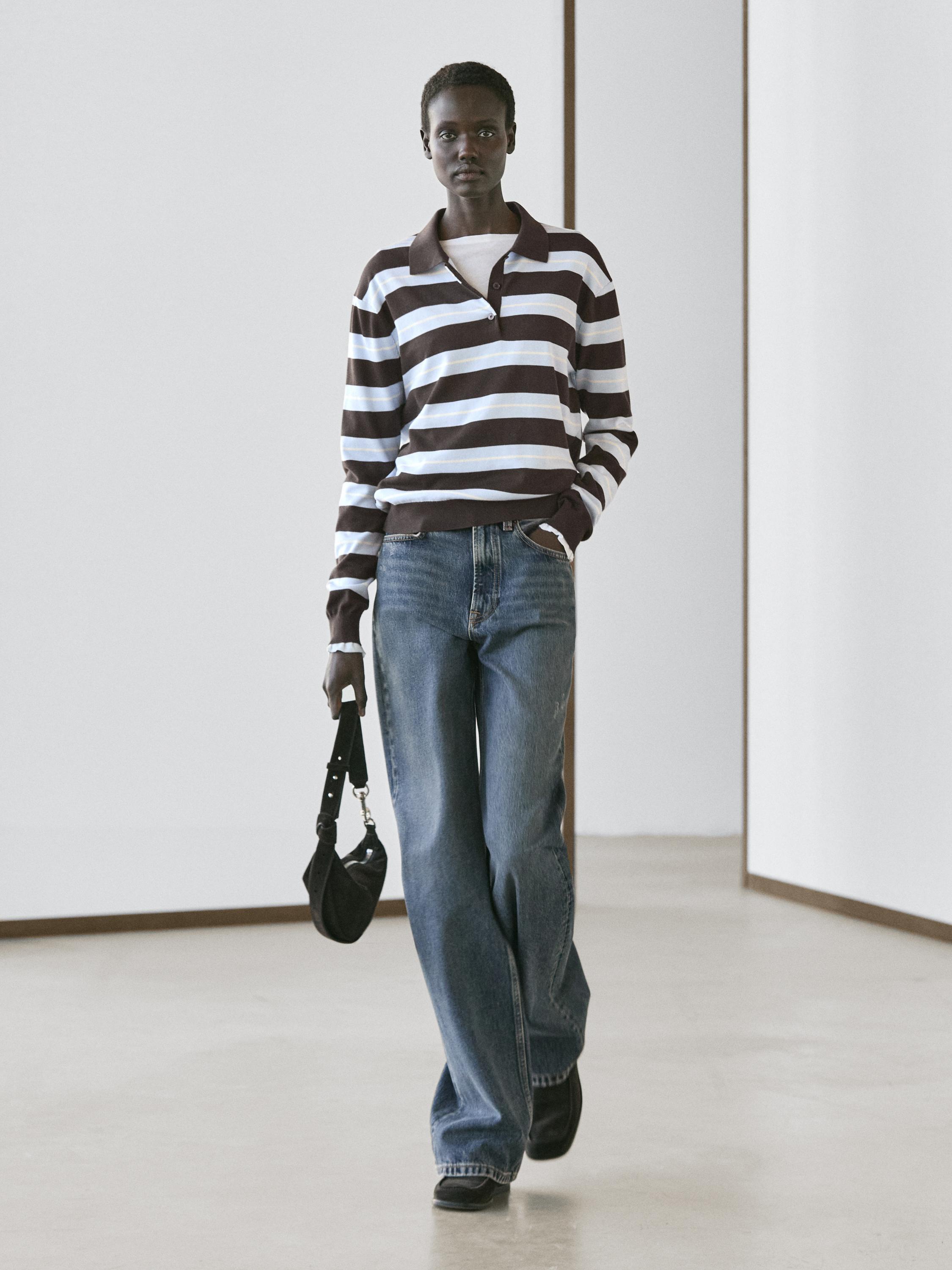 

Хлопковый вязаный свитер-поло в полоску Massimo Dutti, brown