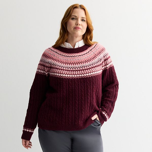 

Свитер Plus size с узором fairisle и косой Croft & Barrow, Wine Ringer Fairisle