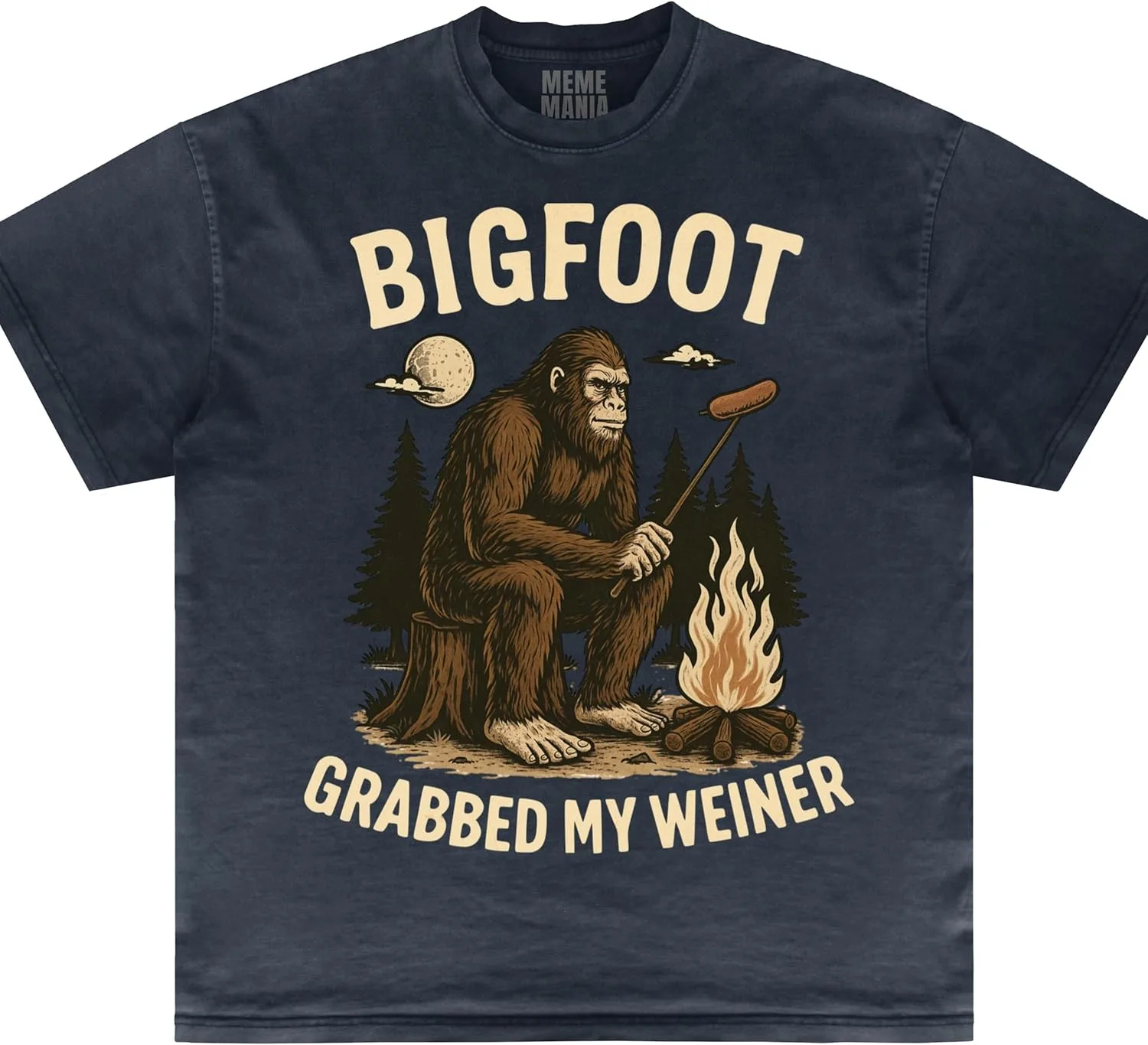 Футболка с принтом "Bigfoot Grabbed My Weiner" и с изображением сасквоча у костра, посвященная национальным лесам и кемпингу в Аппалачах GENERIC, темно-синий