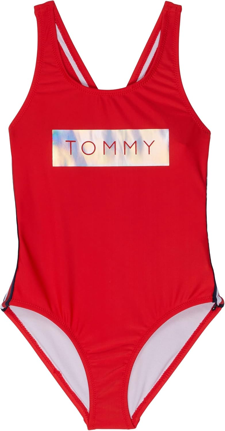 

Слитные купальники и бикини Tommy Hilfiger для девочек с защитой от солнца UPF 50+, быстросохнущие, Chinese Red Taping 85