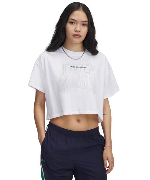 

Футболка женская для тренировок, кроп, с коротким рукавом, плотная, смесовая ткань UNDER ARMOUR, серый