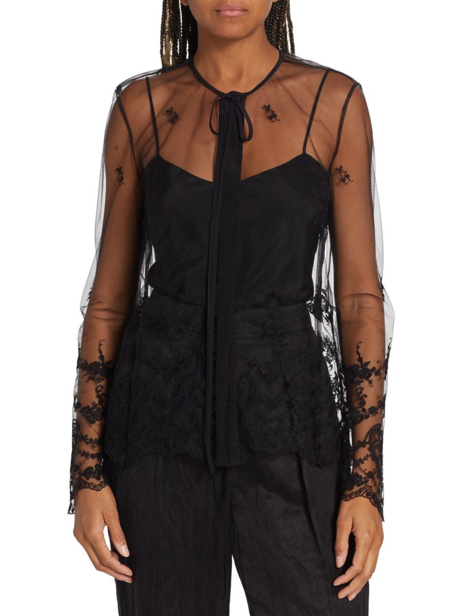 

Блузка с вышитым тюлем и воротником-стойкой Jason Wu, черный