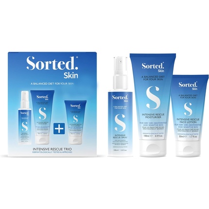 

Набор Sorted Skin Intensiv Rescue Trio для сухой, обезвоженной и чувствительной кожи, успокаивает, питает и уменьшает зуд. Включает спрей 100 мл, лосьон для лица 50 мл и увлажняющий крем 100 мл. S Sorted