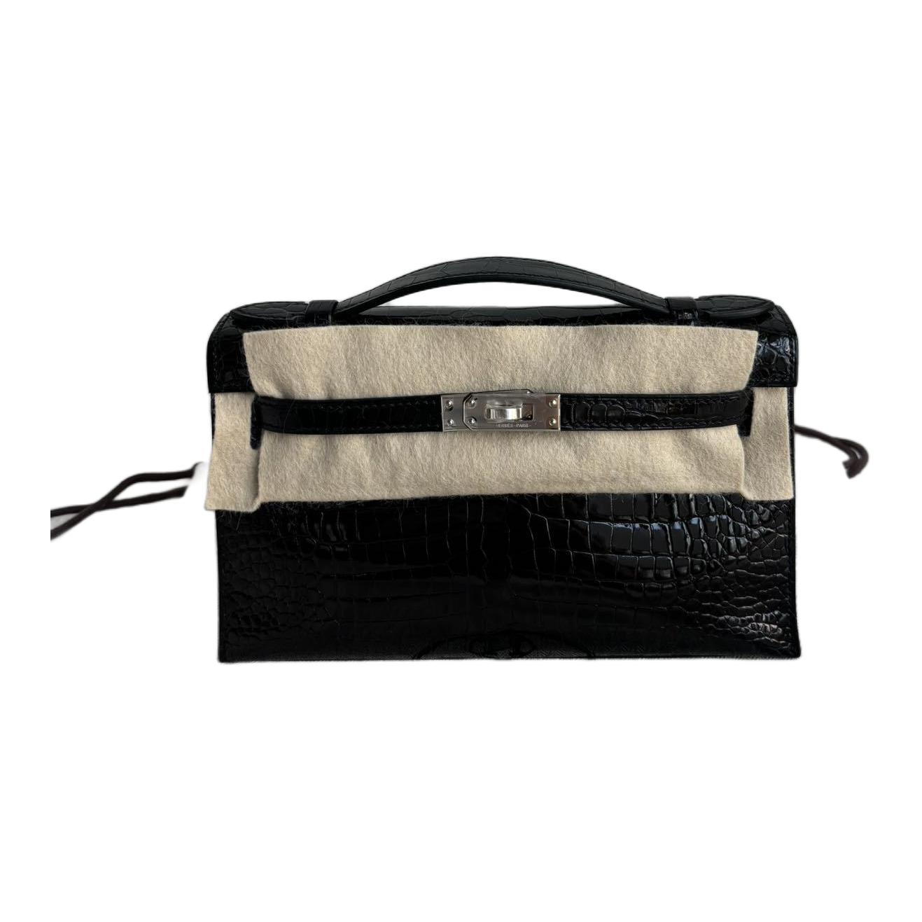 

HERMES Мини Келли первого поколения из кожи пористого крокодила глянцевая сумка Келли женская 89 нуар черная