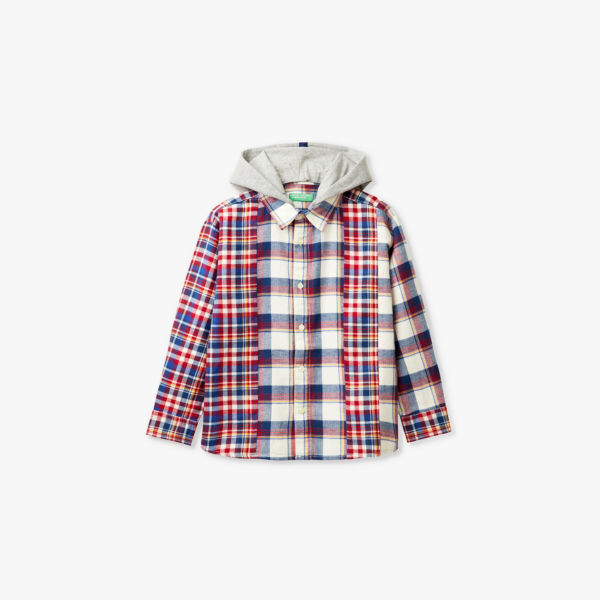 

Рубашка из хлопка с капюшоном и принтом в клетку 6-14 лет Benetton, мультиколор