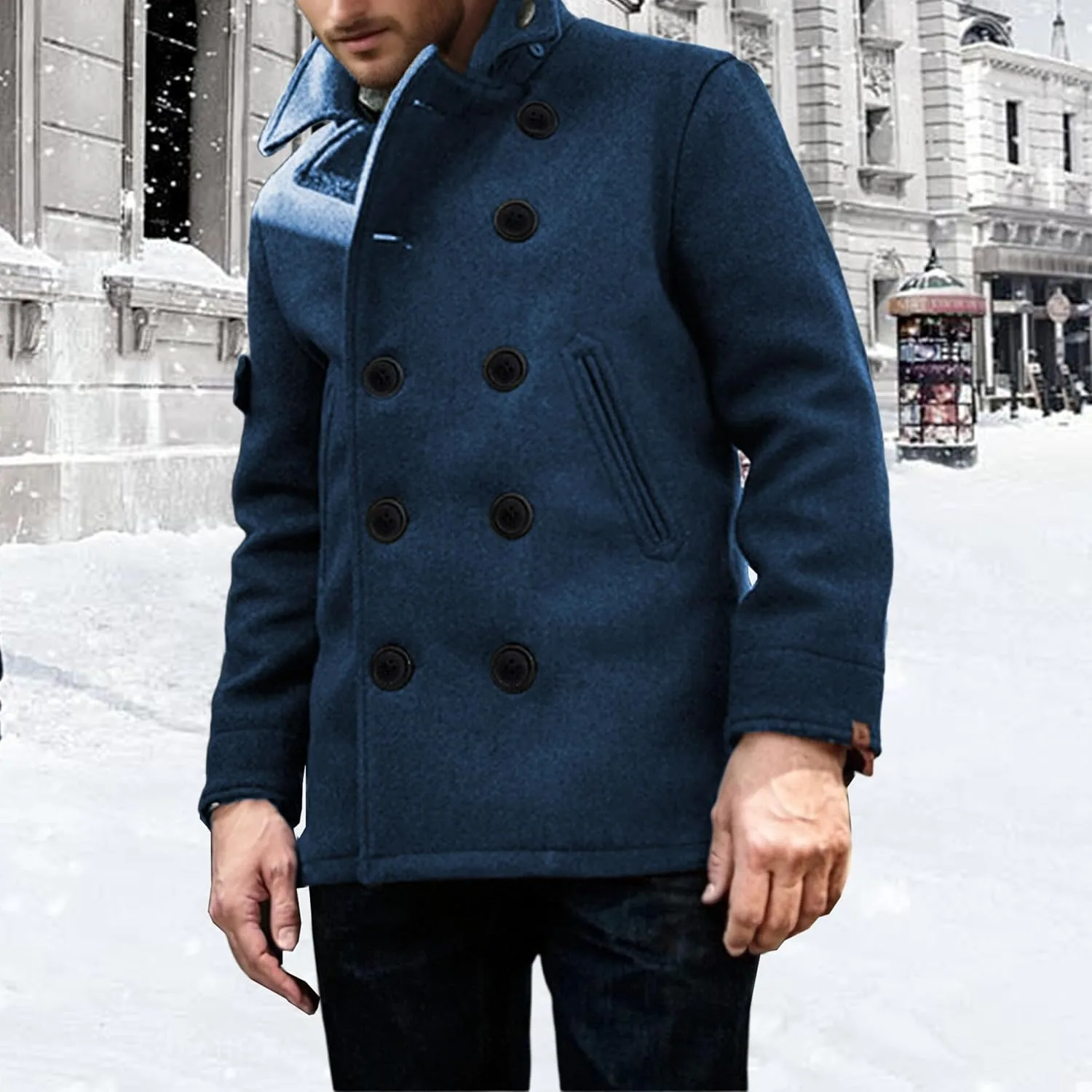 Пальто pea coat для мужчин, зимнее тренч, классический лацкан, официальный пиджак Generic, синий — фото 2