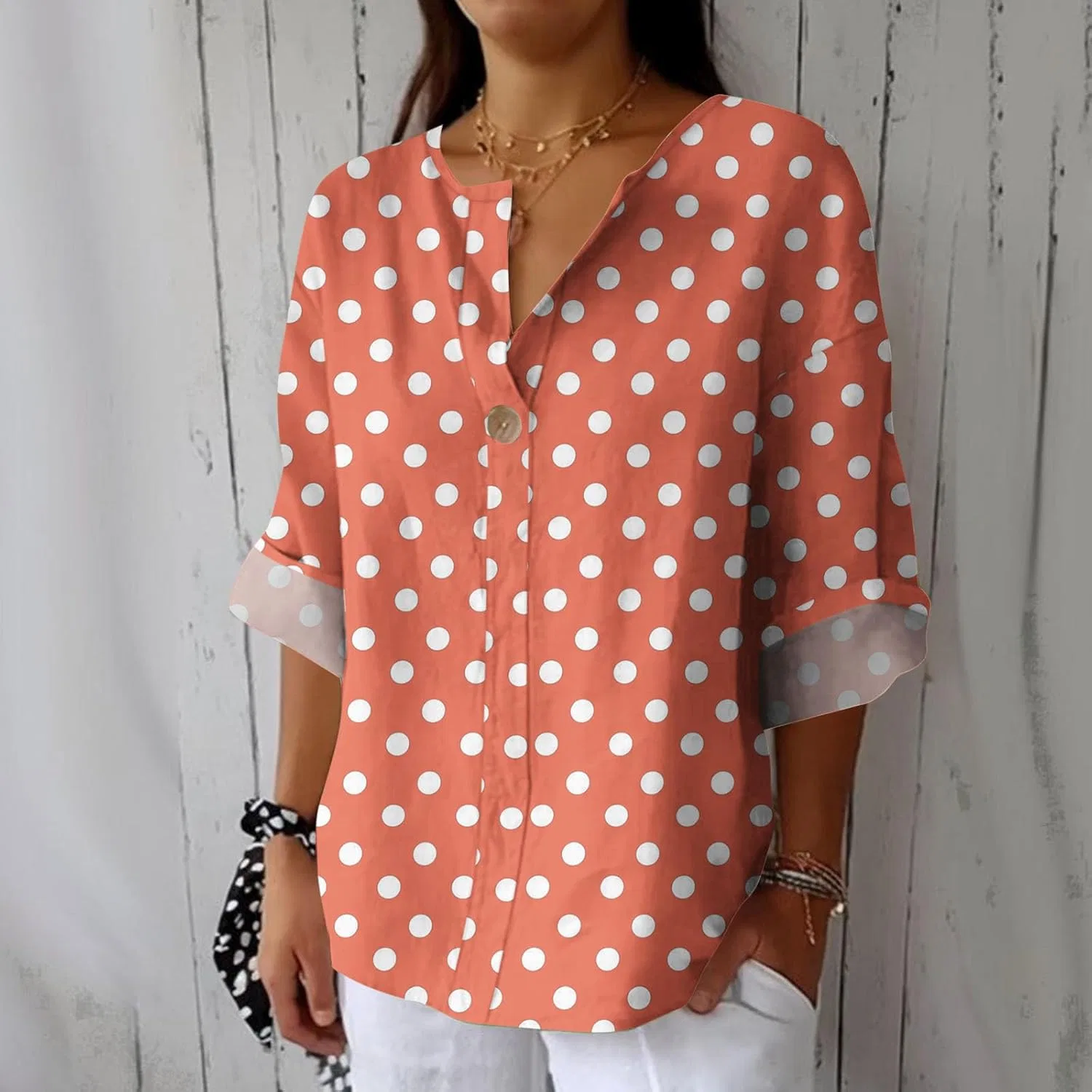Блуза женская с V-образным вырезом, свободный крой, Polyester, F-84 Burnt Orange — фото 2