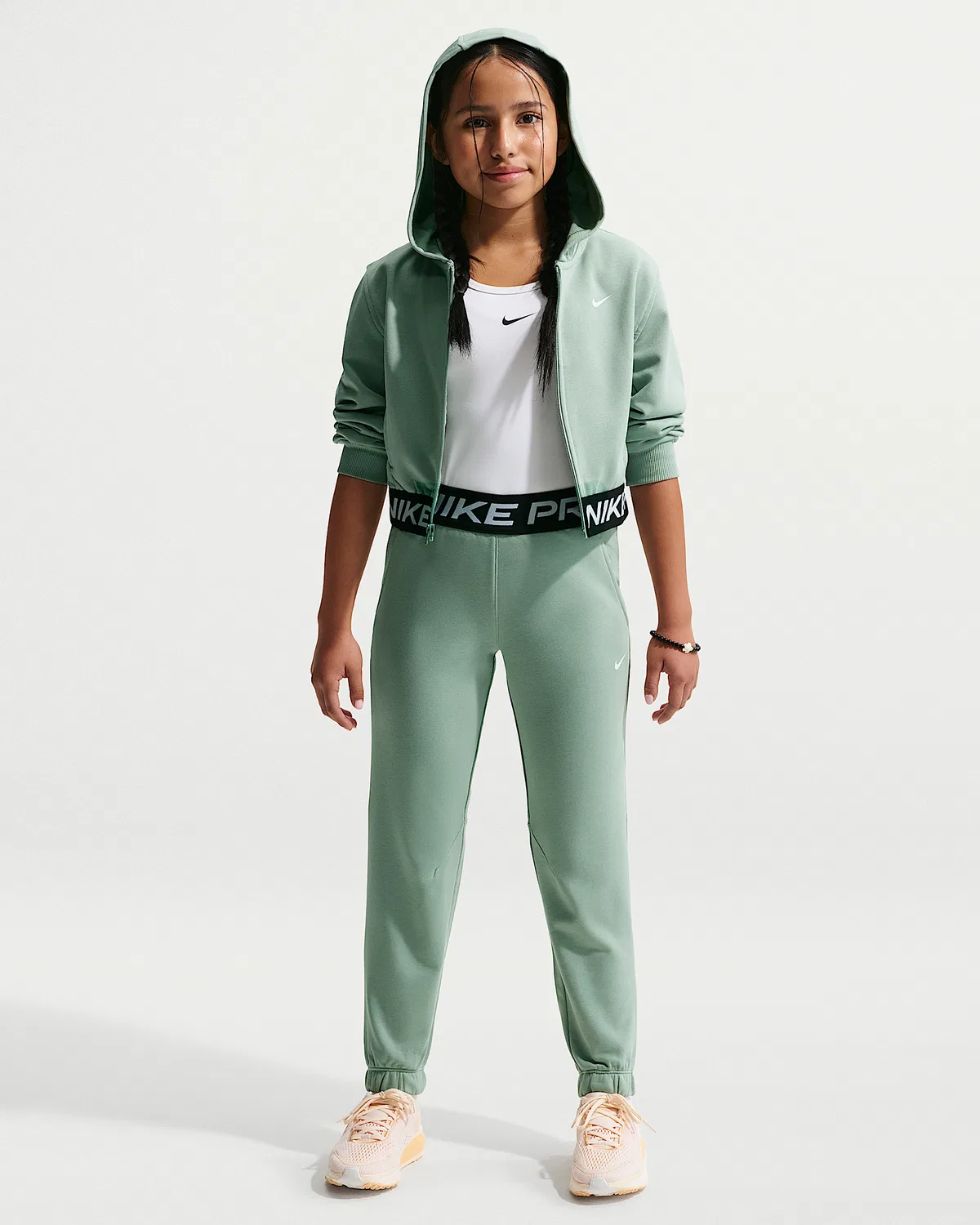 Детские (девчачьи) джоггеры Nike Pro Fleece Dri-FIT, Steam/Steam/Black/White
