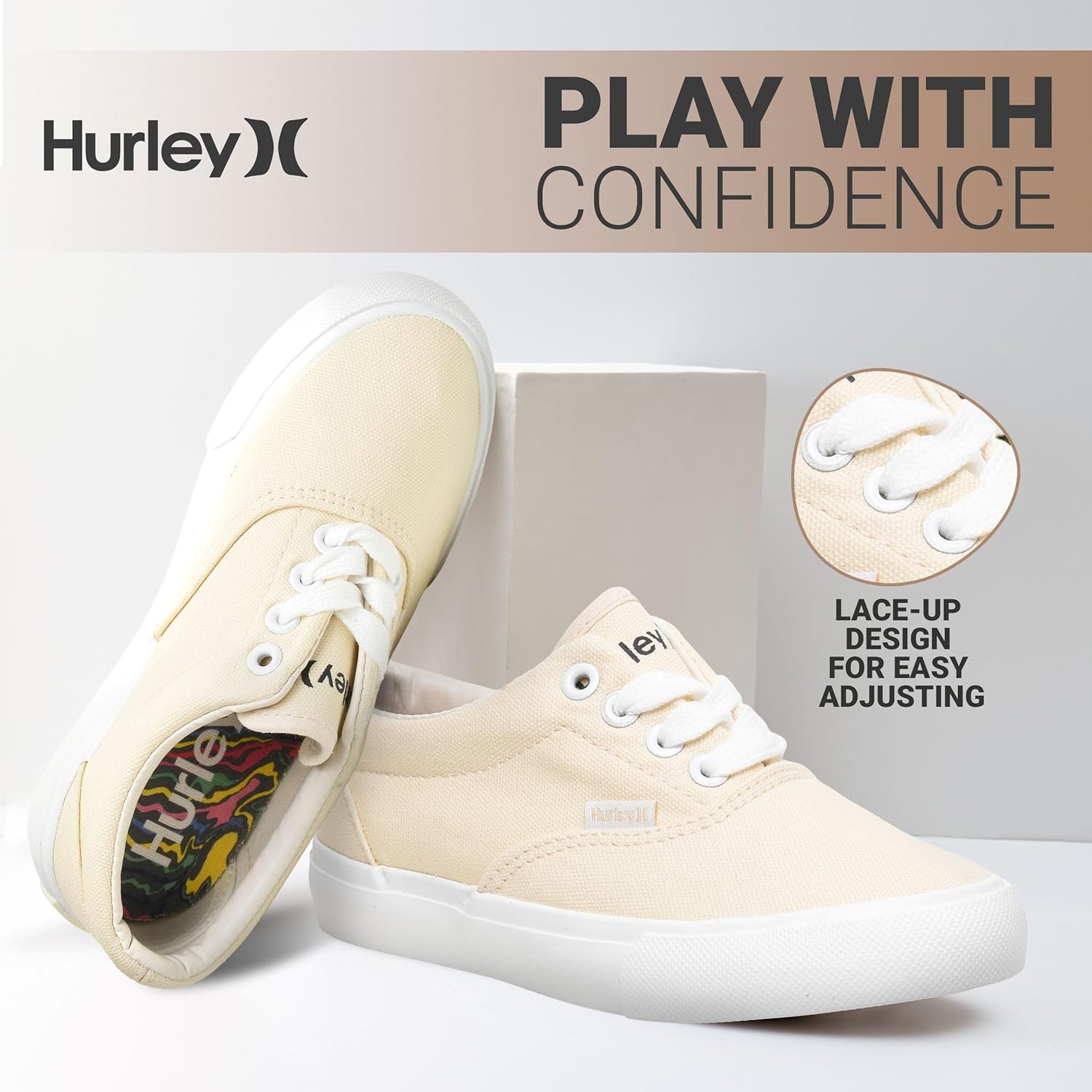 Детские кеды Hurley Marley на шнуровке - низкие кроссовки для скейтбординга для детей, спортивная обувь для мальчиков и девочек, белый/бежевый — фото 2