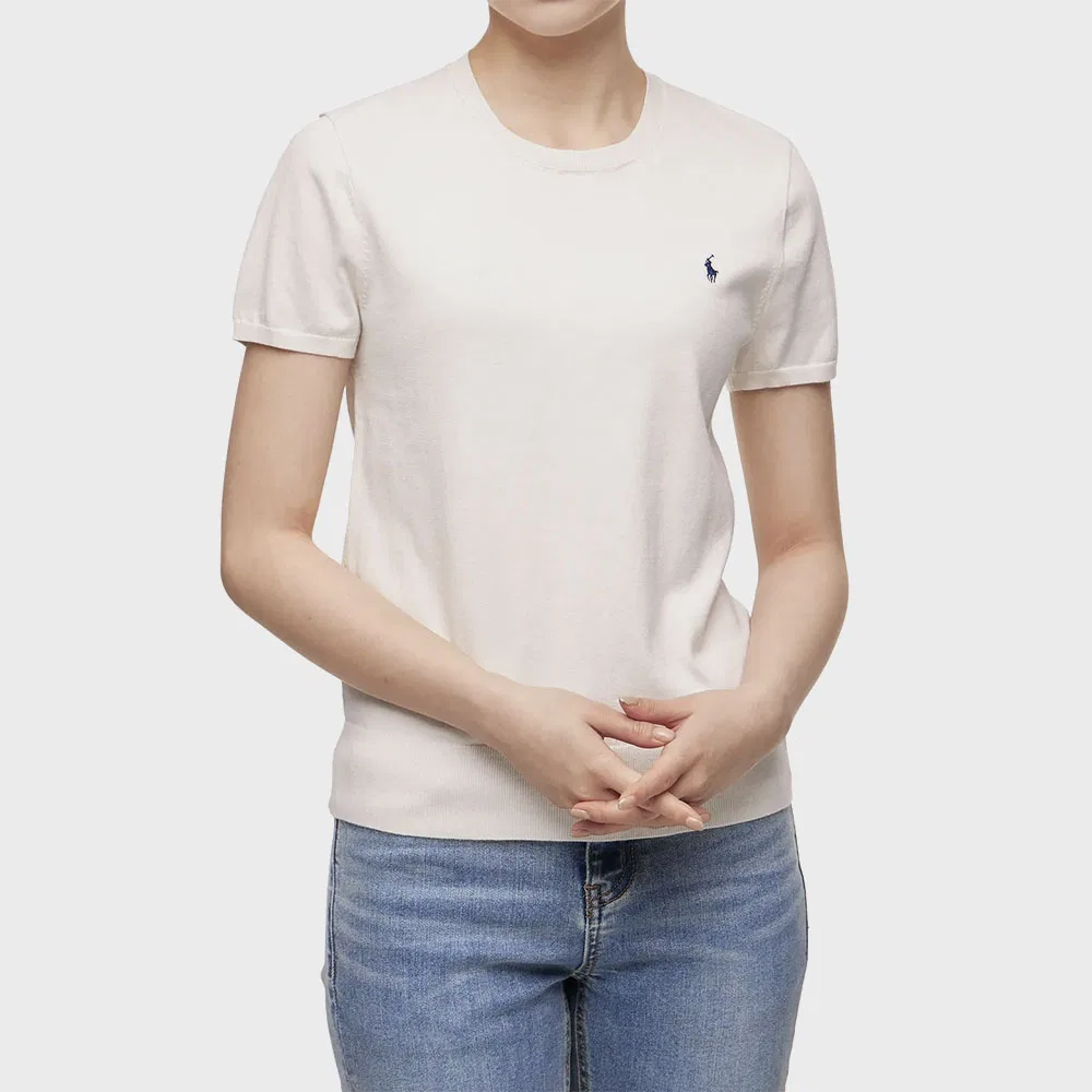 Женский свитер с коротким рукавом из смесового хлопка натурального цвета от Polo Ralph Lauren