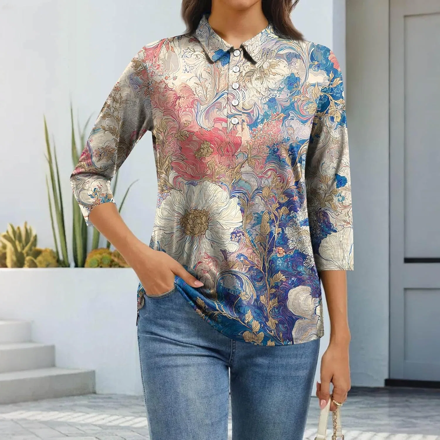 Блуза женская с воротником, 3/4 рукав, Plus Size, Sky Blue — фото 3