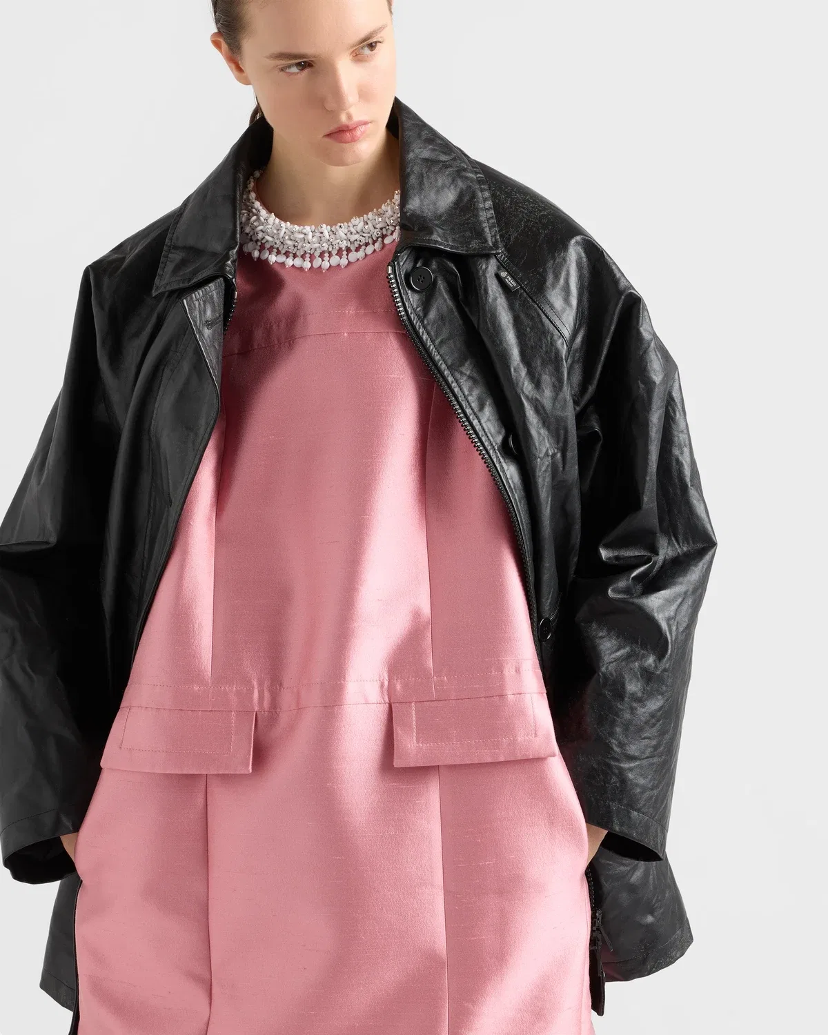 Платье из двойной вышивки шантунг Prada, розовый — фото 4