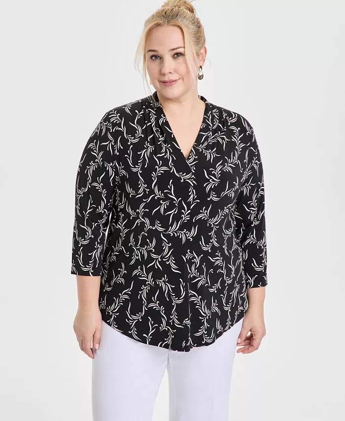 

Топ с принтом и рукавом 3/4, Plus Size JM Collection, черный