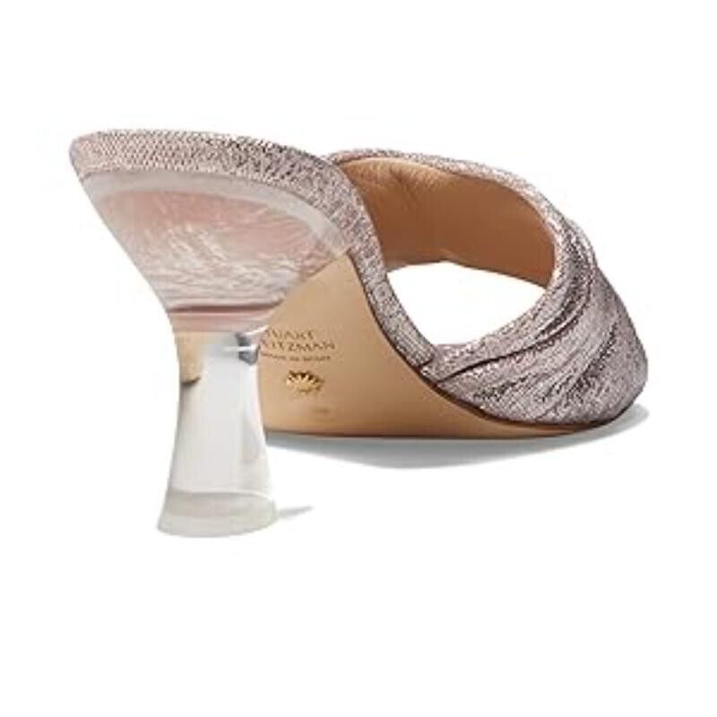 Сандалии Stuart Weitzman Ruche 75 Slide Женские 9 Poudre Кожа Каблук-катушка FZP292 (Poudre,9), розовый — фото 4