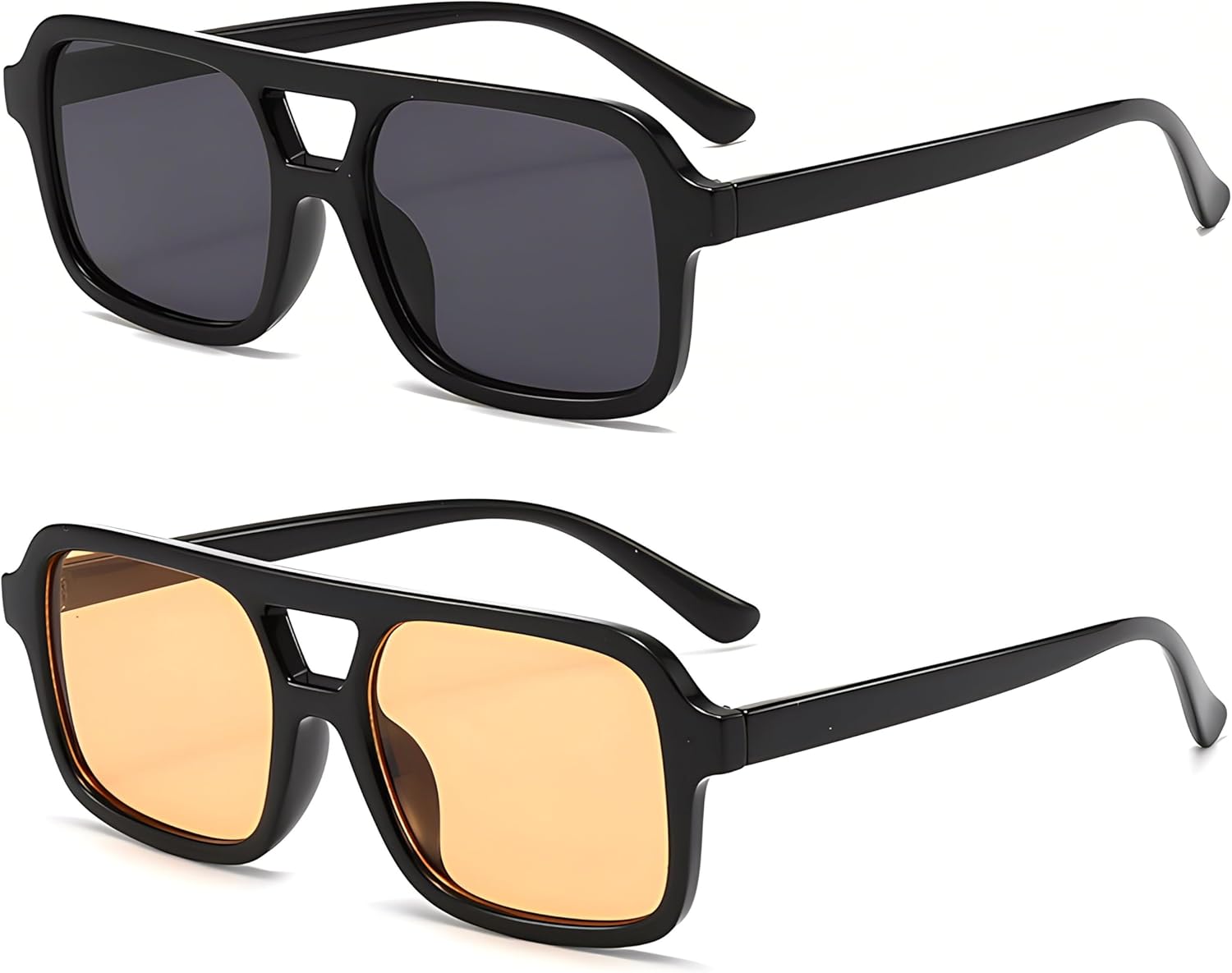 

Солнцезащитные очки-авиаторы в стиле ретро, ​​квадратные, для женщин и мужчин, винтажные, модные, прямоугольные, в стиле 70-х Kursan, 2 Pack (Bright Black/Black + Bright Black/Orange)