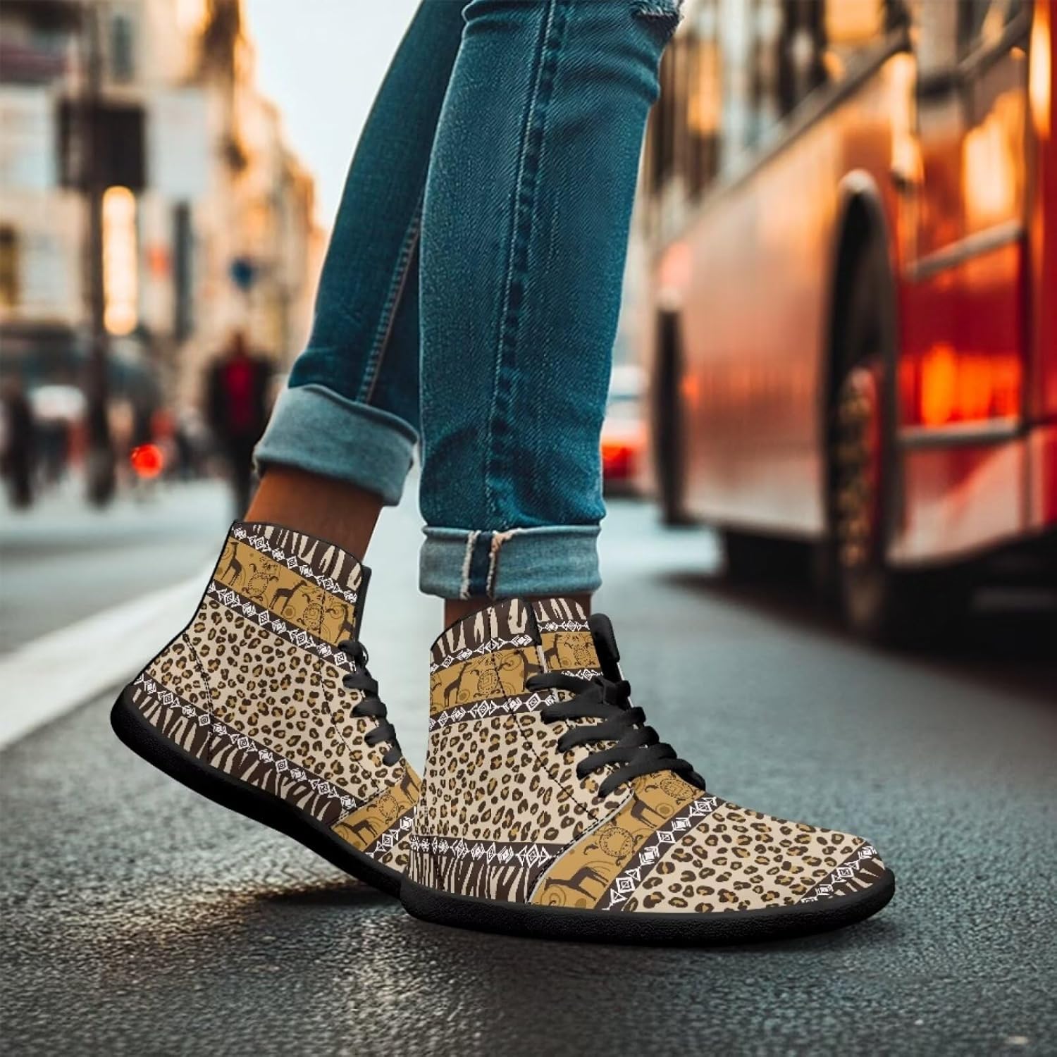 Кроссовки Binienty High Top Barefoot для женщин и мужчин, модные с нулевым перепадом, водонепроницаемые походные ботинки из ПУ-кожи, Tribal Leopard Giraffe — фото 4