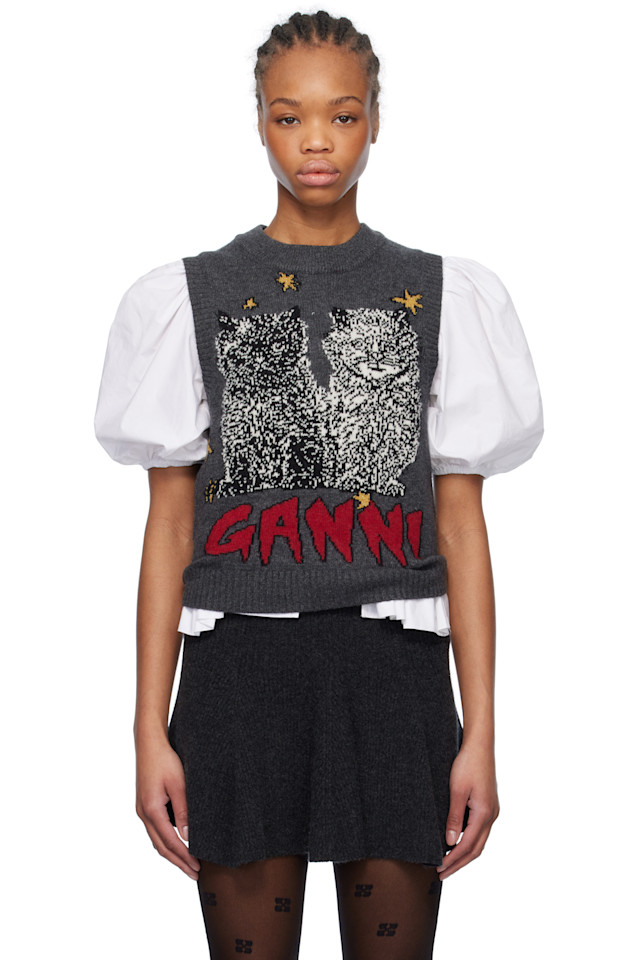 

Графический жилет с кошками Ganni, серый