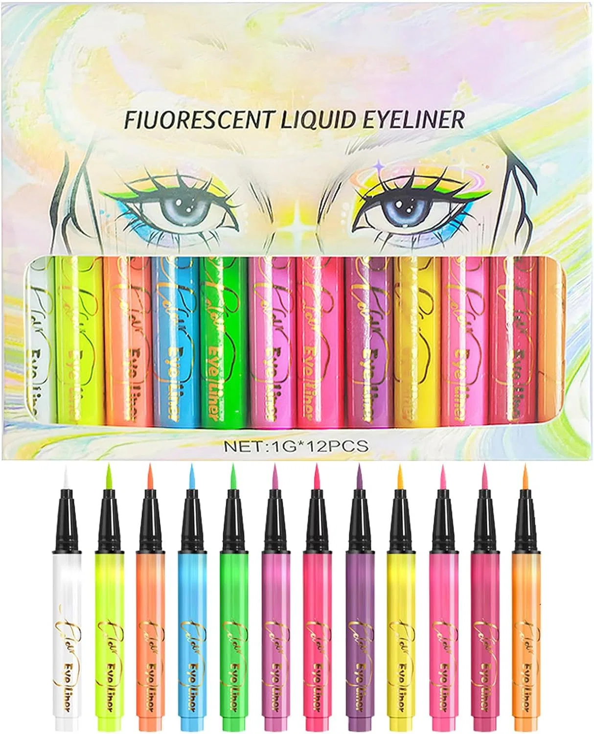 Набор жидких подводок для глаз Neon Eyeliner, 12 цветов, 0.1 кг