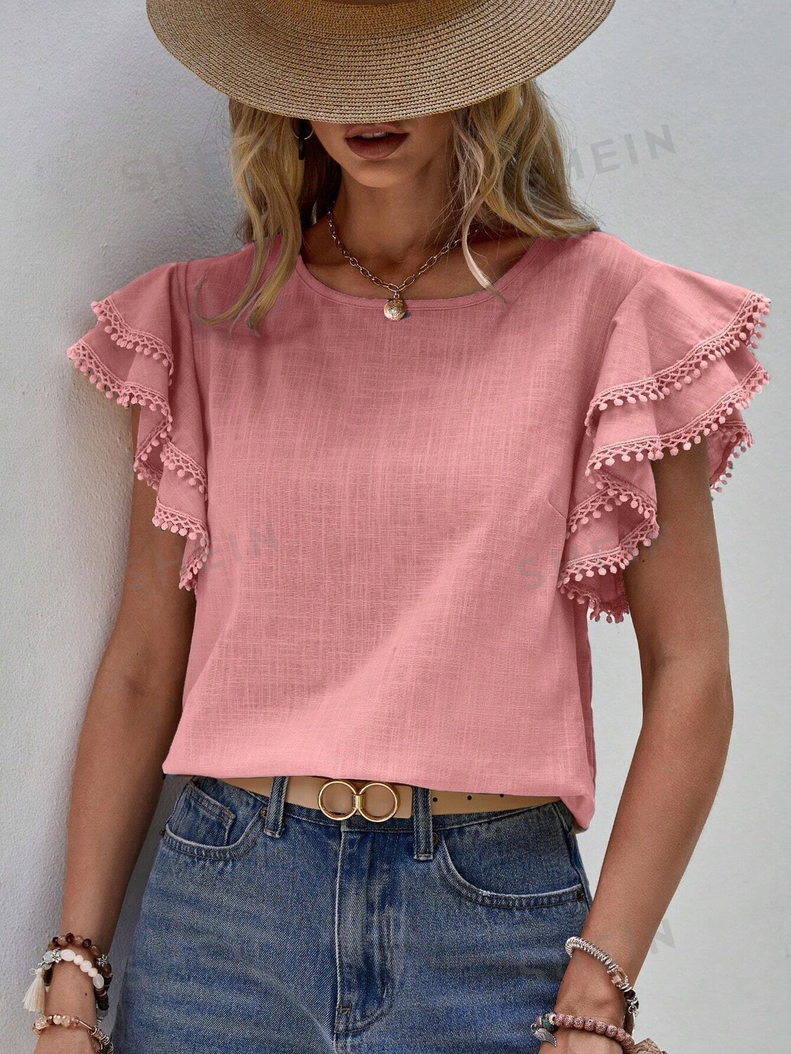 

Рубашка Shein Lune с короткими рукавами и круглым вырезом, розовый
