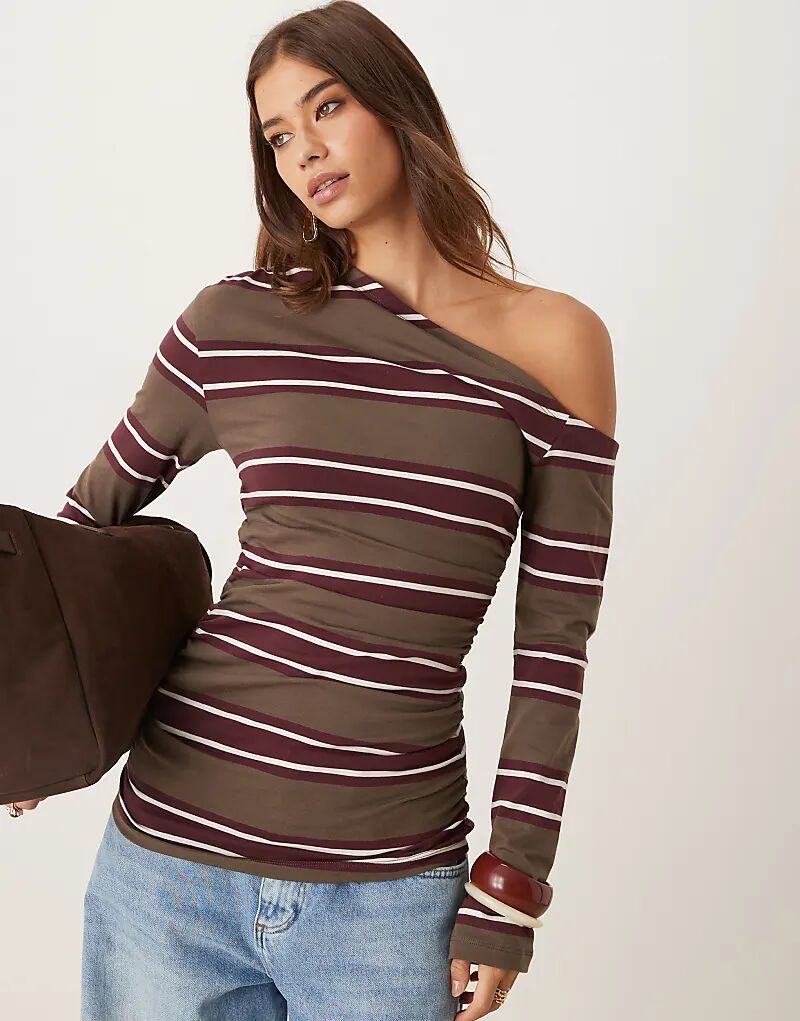 

Лонгслив с длинными рукавами и открытыми плечами ASOS DESIGN в полоску цвета хаки с корсетом