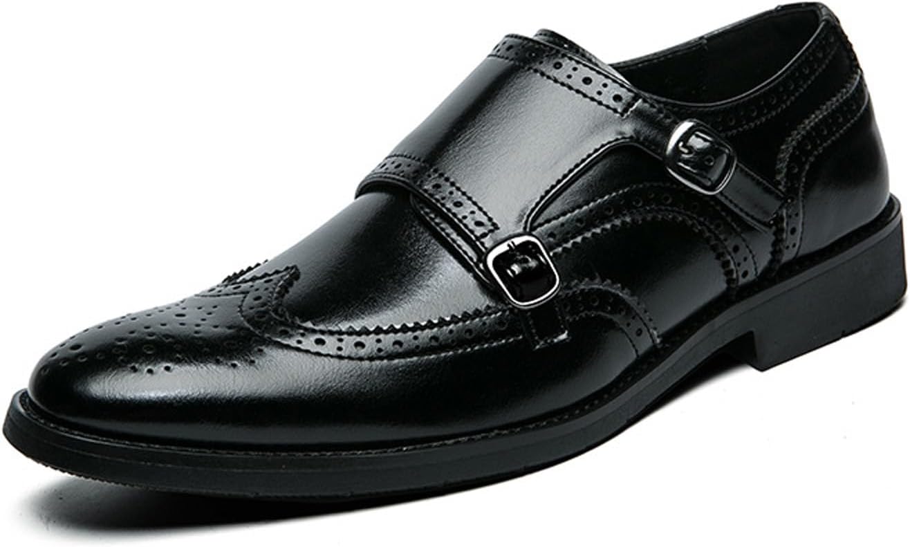 

Мужские кожаные туфли-броги с крыльями, модные лоферы с двойной пряжкой «монах», удобные повседневные и формальные обувь с нескользящей подошвой Amazideal, черный