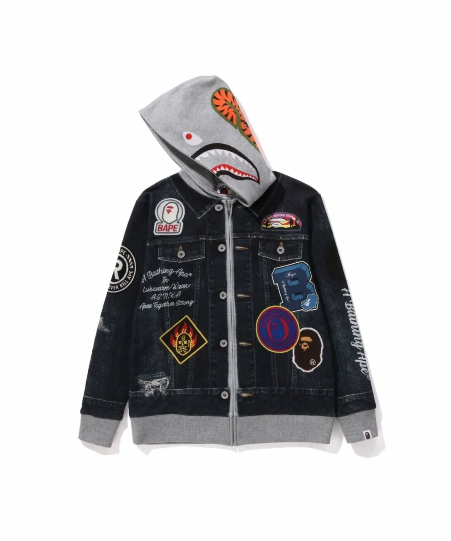 Куртка-худи на молнии с принтом Shark Bape Emblem из денима A BATHING APE, NAVY — фото 2