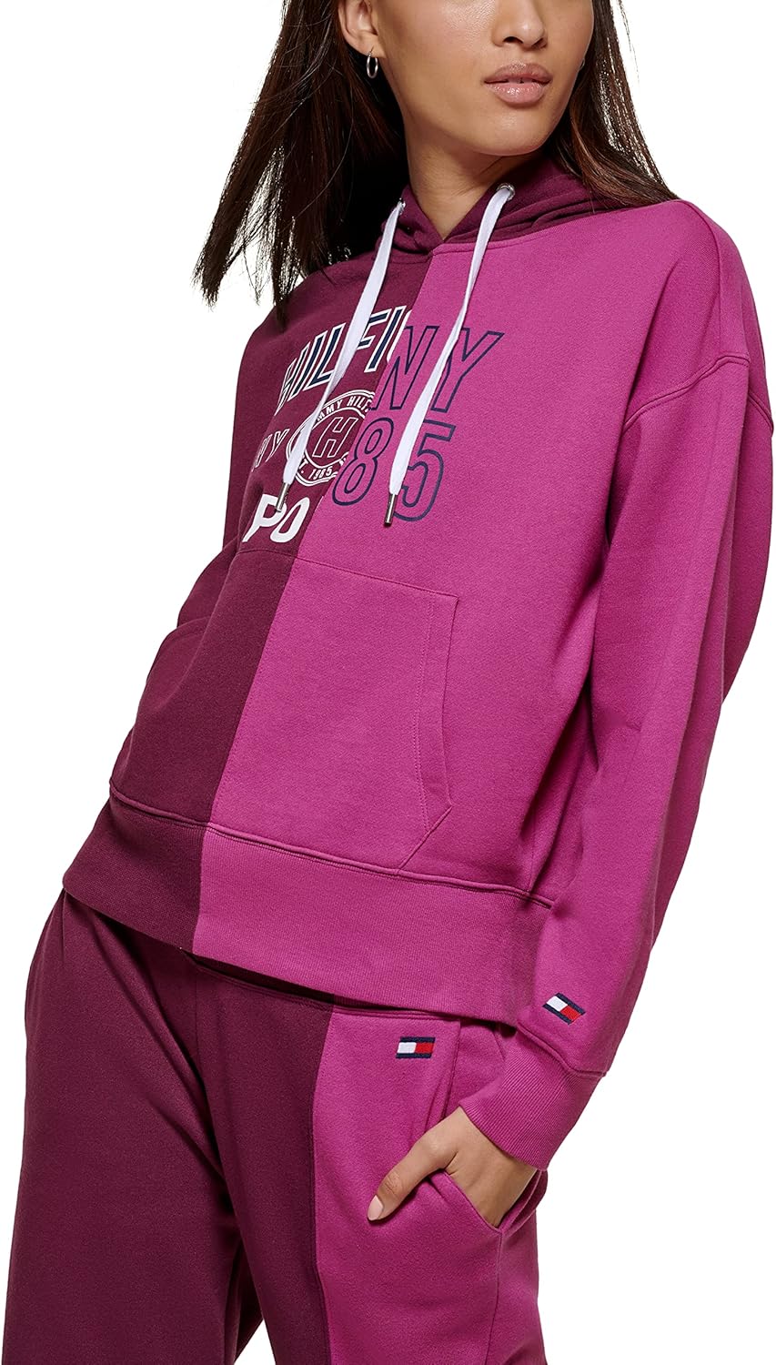 Женская толстовка с капюшоном Tommy Hilfiger Colorblock Split Logo Crewneck Drawcord, Crushed Grape — фото 3
