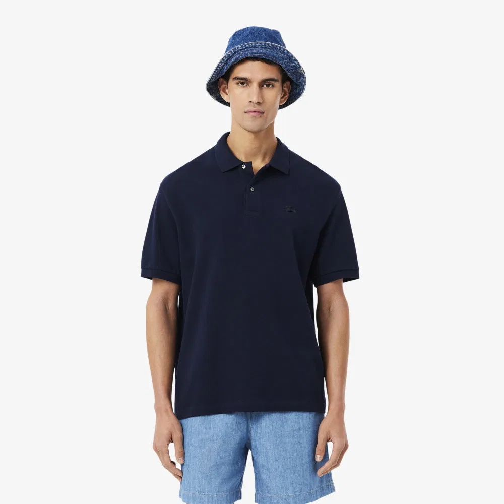 Мужская футболка-поло Lacoste Croc Signature Loose Fit с коротким рукавом тёмно-синяя